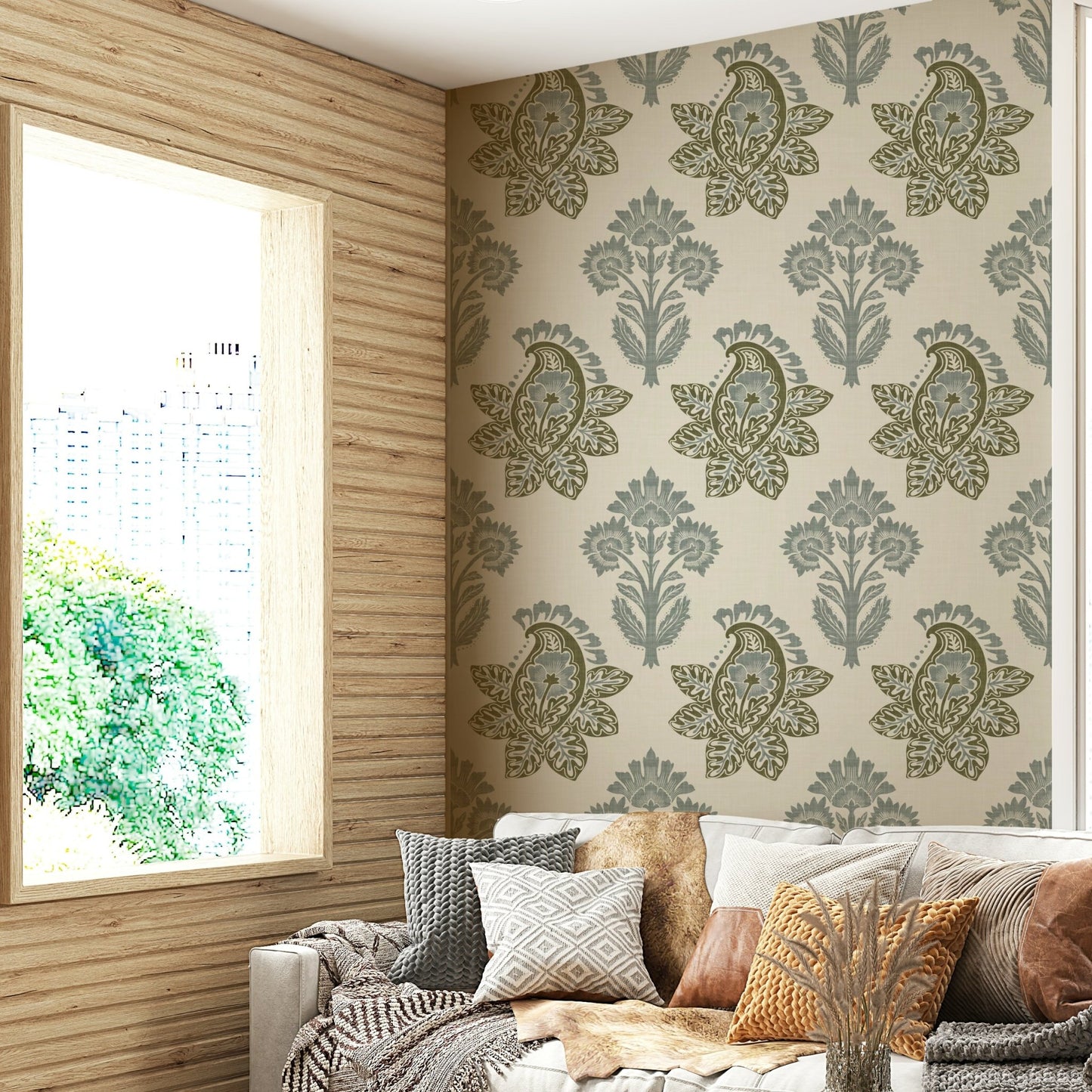 Mural wallpaper with leaf and paisley mix

