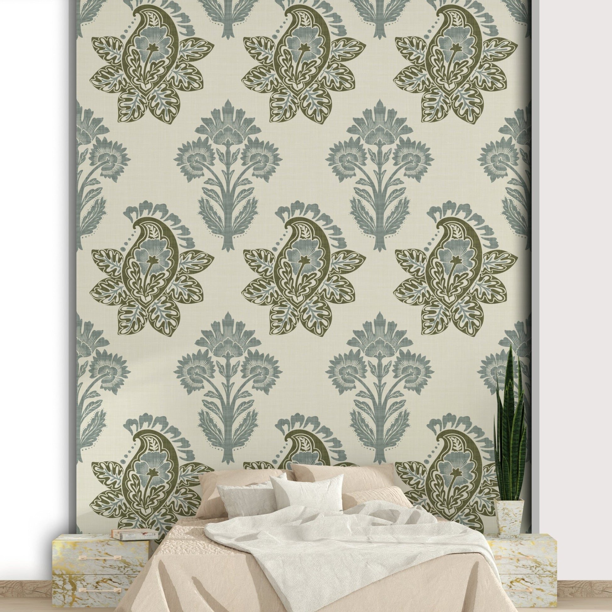 Neutral paisley mural with botanicals

