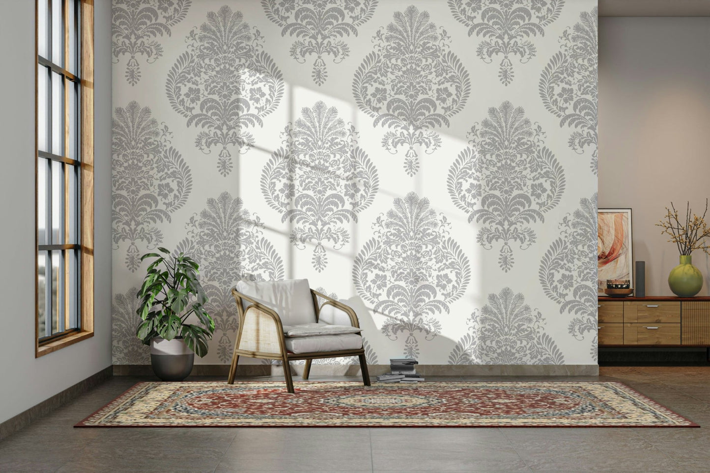 An angled shot of a wall with peaceful wallpaper

