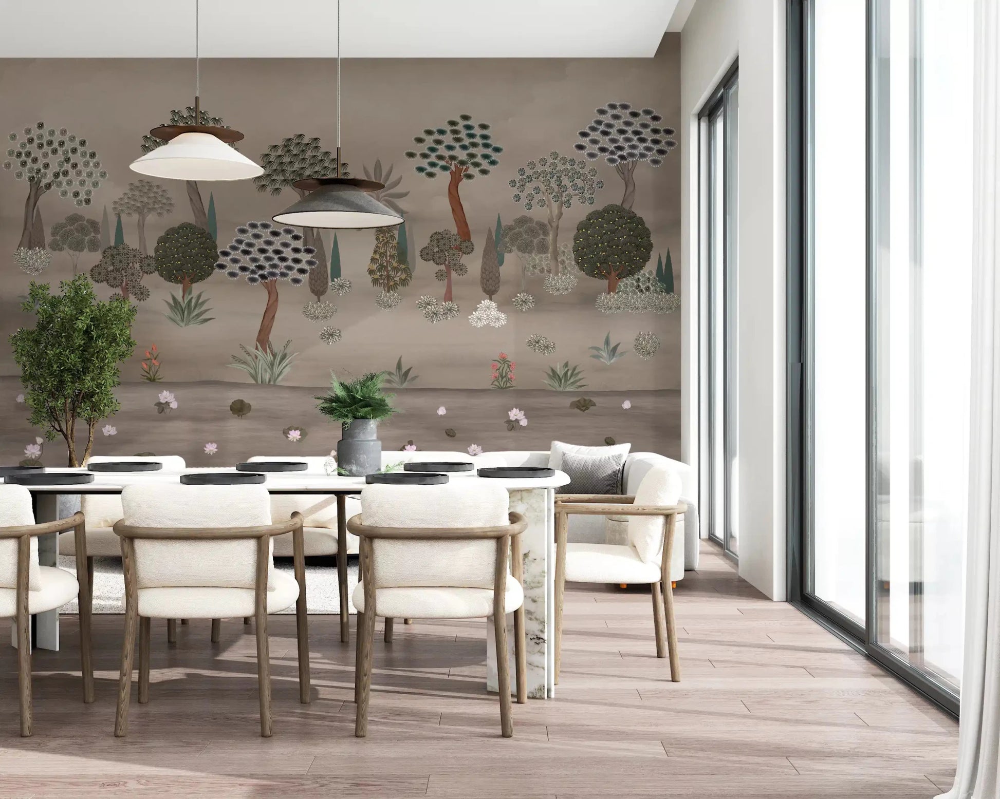Bright dining space opened up by Subtle Eastern Garden Wall Mural and wide windows