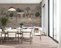 Bright dining space opened up by Subtle Eastern Garden Wall Mural and wide windows
