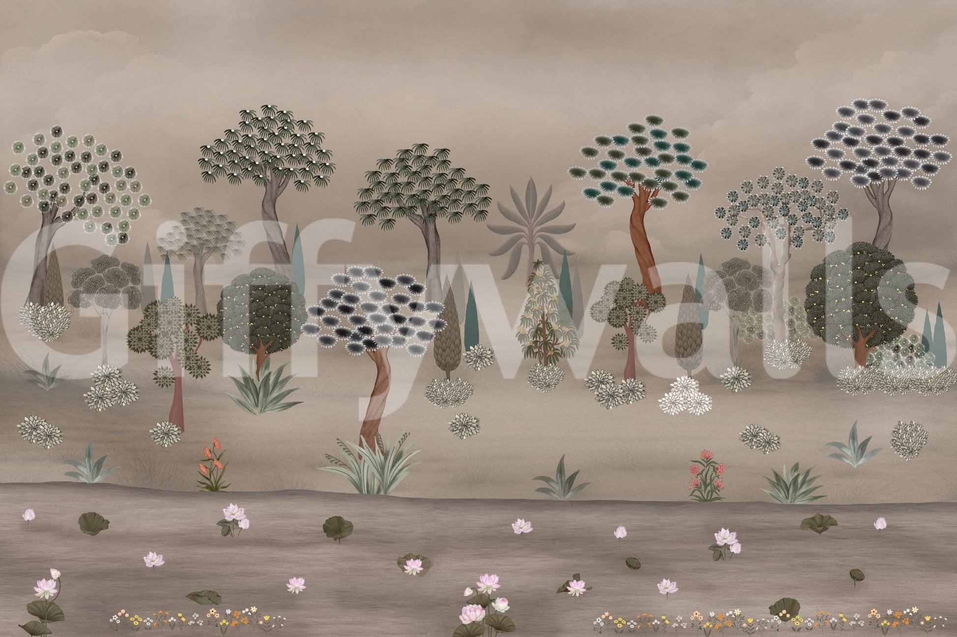 Moody Subtle Eastern Garden Wall Mural with earthy tones and garden forms