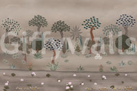 Moody Subtle Eastern Garden Wall Mural with earthy tones and garden forms