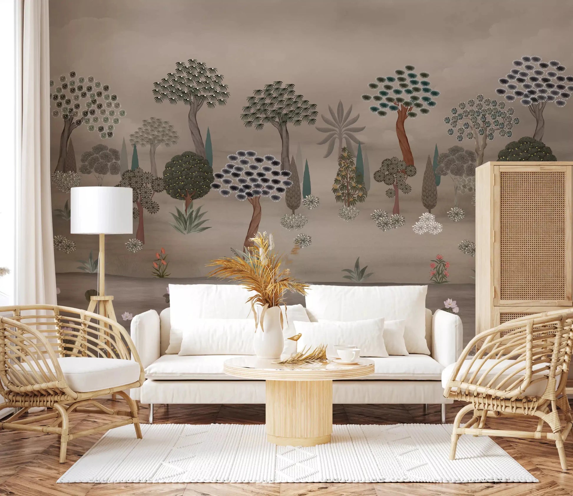 Sunlit sofa corner featuring Subtle Eastern Garden Wall Mural and a table lamp