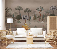 Sunlit sofa corner featuring Subtle Eastern Garden Wall Mural and a table lamp