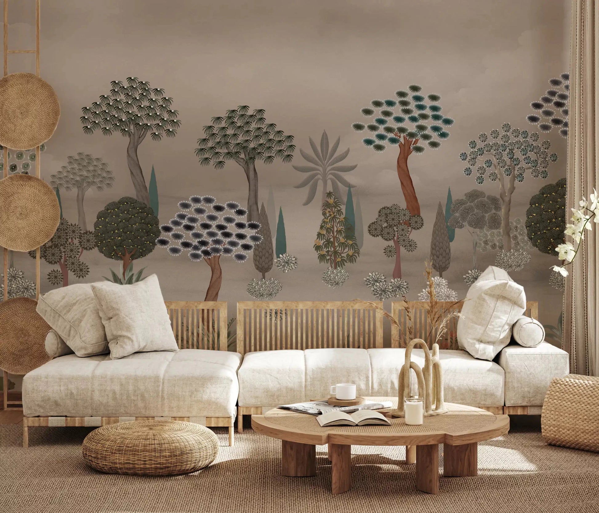 Subtle Eastern Garden Wall Mural above a curved sofa in a relaxed lounge setting