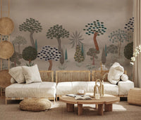 Subtle Eastern Garden Wall Mural above a curved sofa in a relaxed lounge setting