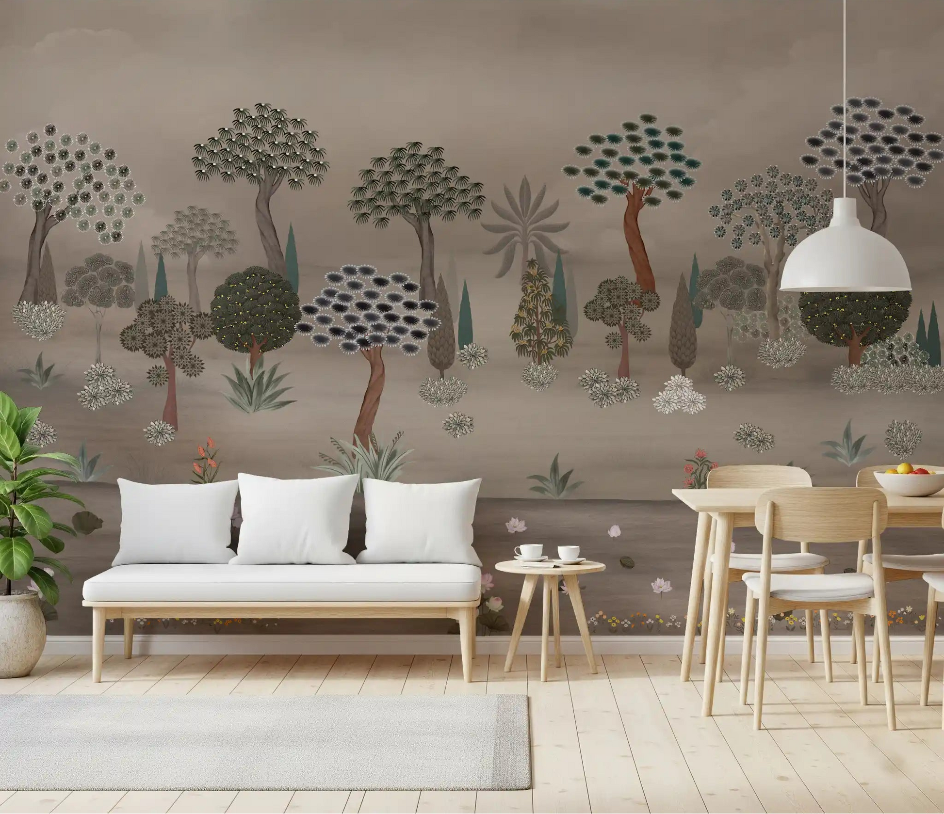 Subtle Eastern Garden Wall Mural behind a white bench in a softly lit sitting area