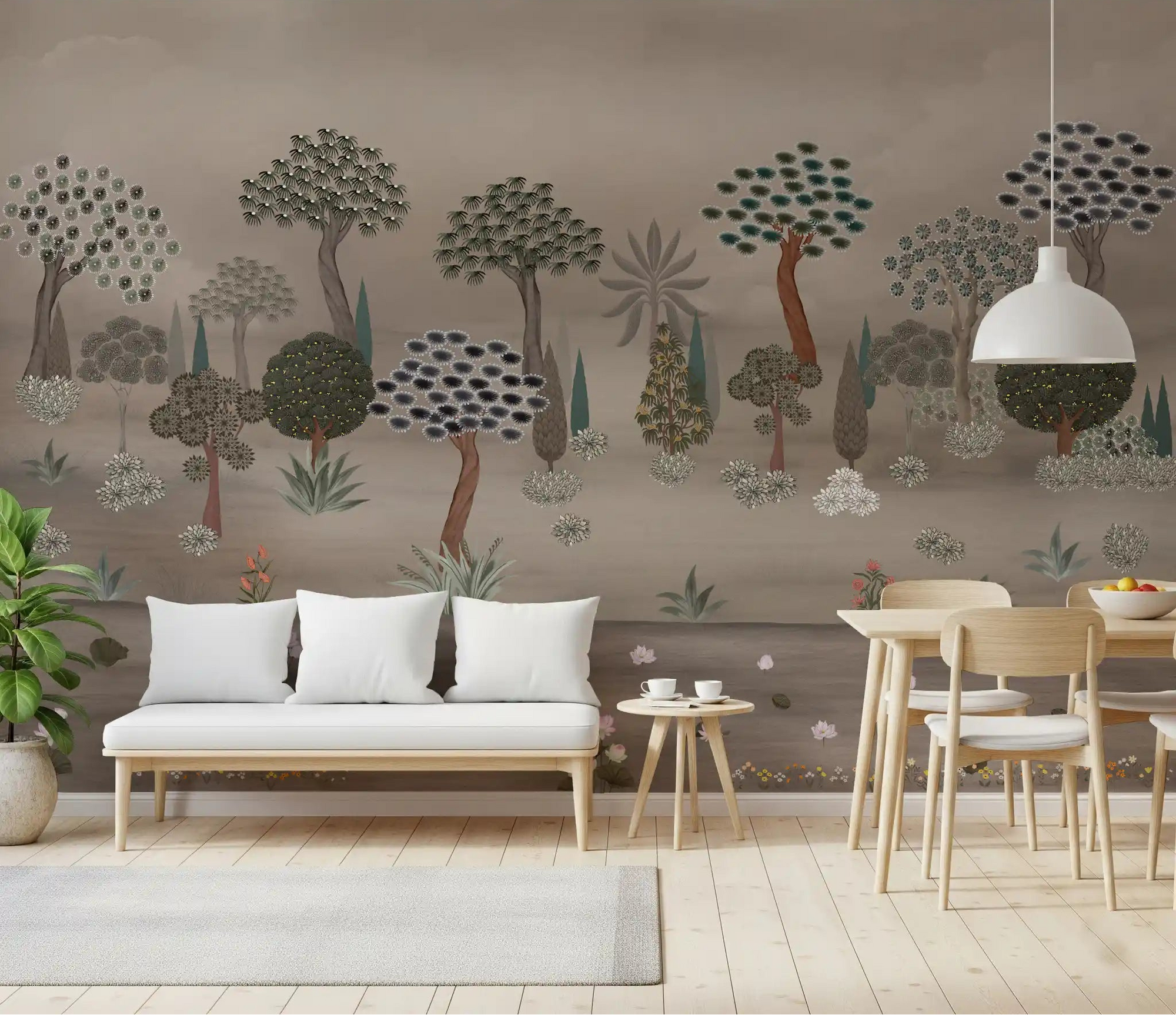 Subtle Eastern Garden Wall Mural behind a white bench in a softly lit sitting area, GD8957