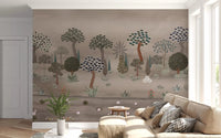 Floor seating corner framed by Subtle Eastern Garden Wall Mural in warm neutral tones