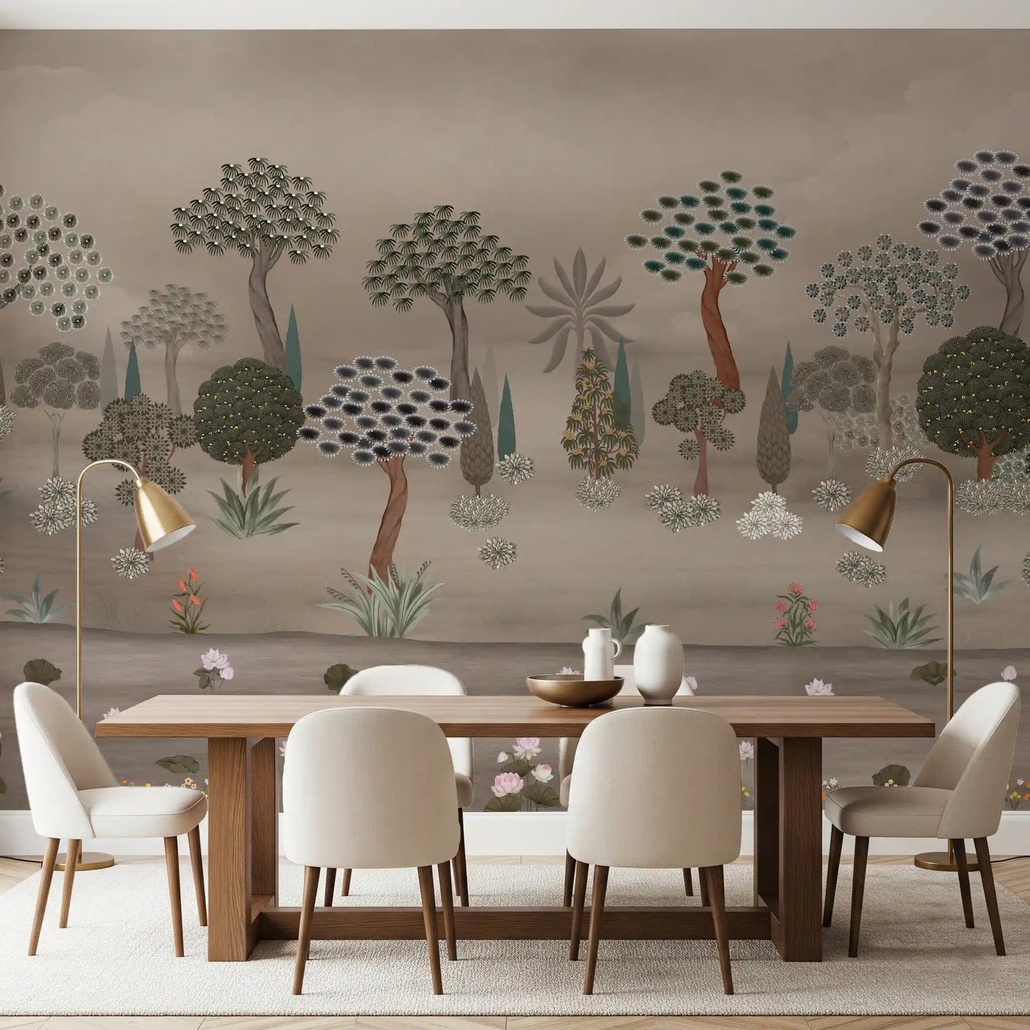 Round dining table styled against Subtle Eastern Garden Wall Mural in soft earth tones