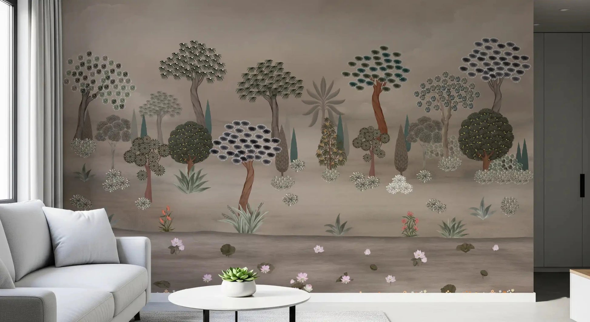Subtle Eastern Garden Wall Mural paired with a pale sofa in a calm living room
