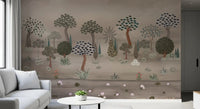 Subtle Eastern Garden Wall Mural paired with a pale sofa in a calm living room