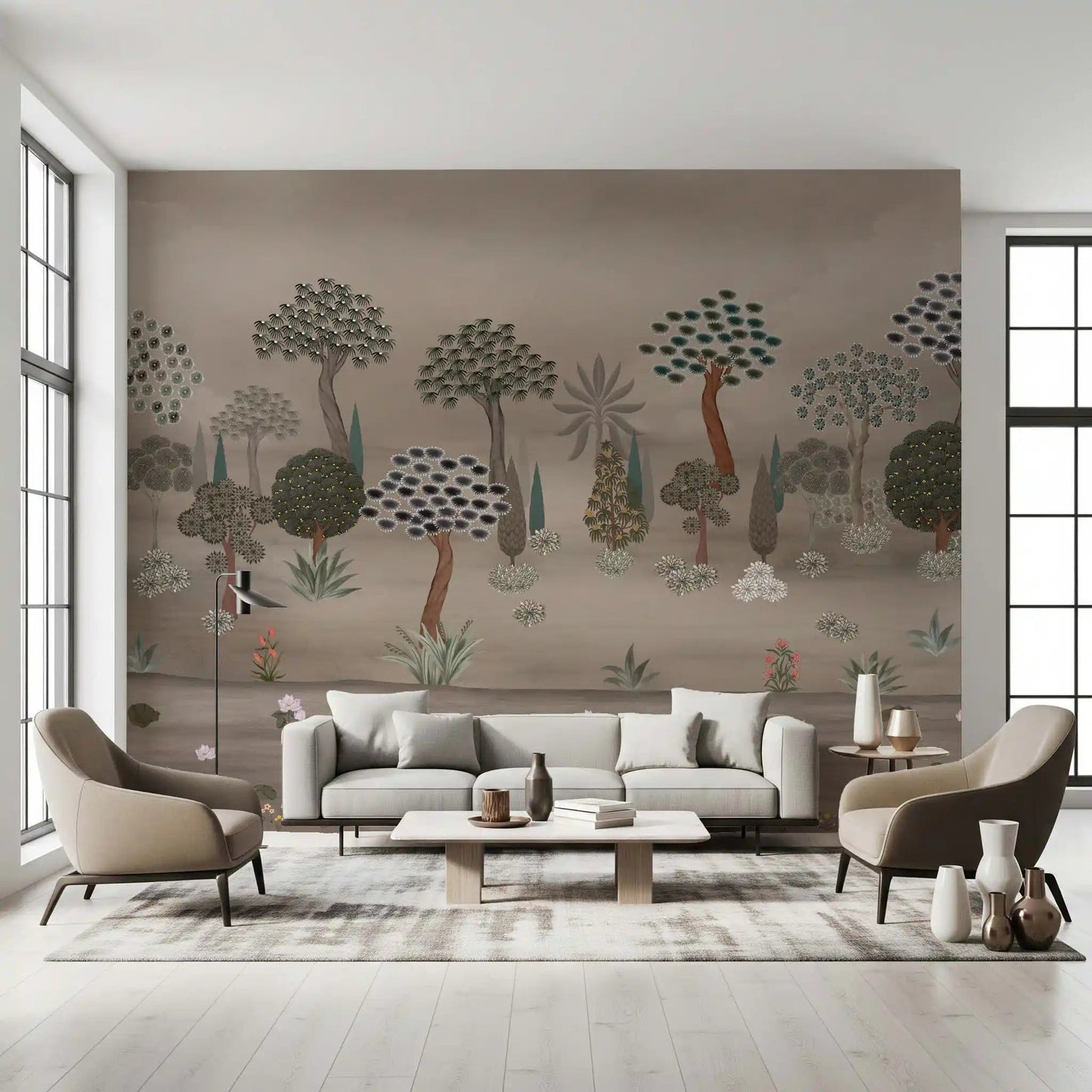 Subtle Eastern Garden Wall Mural set behind a modern Living room with dark chairs