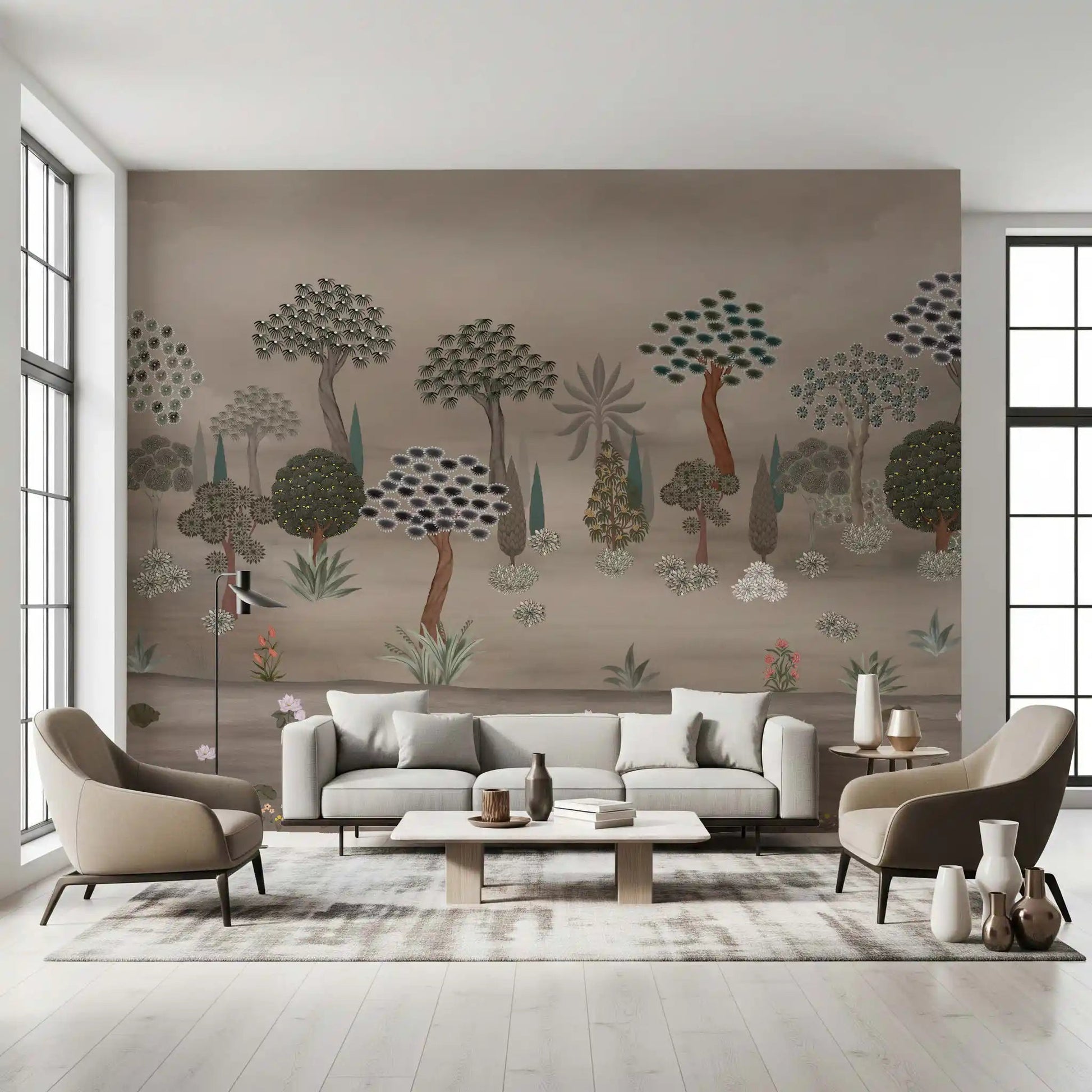 Subtle Eastern Garden Wall Mural set behind a modern Living room with dark chairs