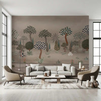 Subtle Eastern Garden Wall Mural set behind a modern Living room with dark chairs