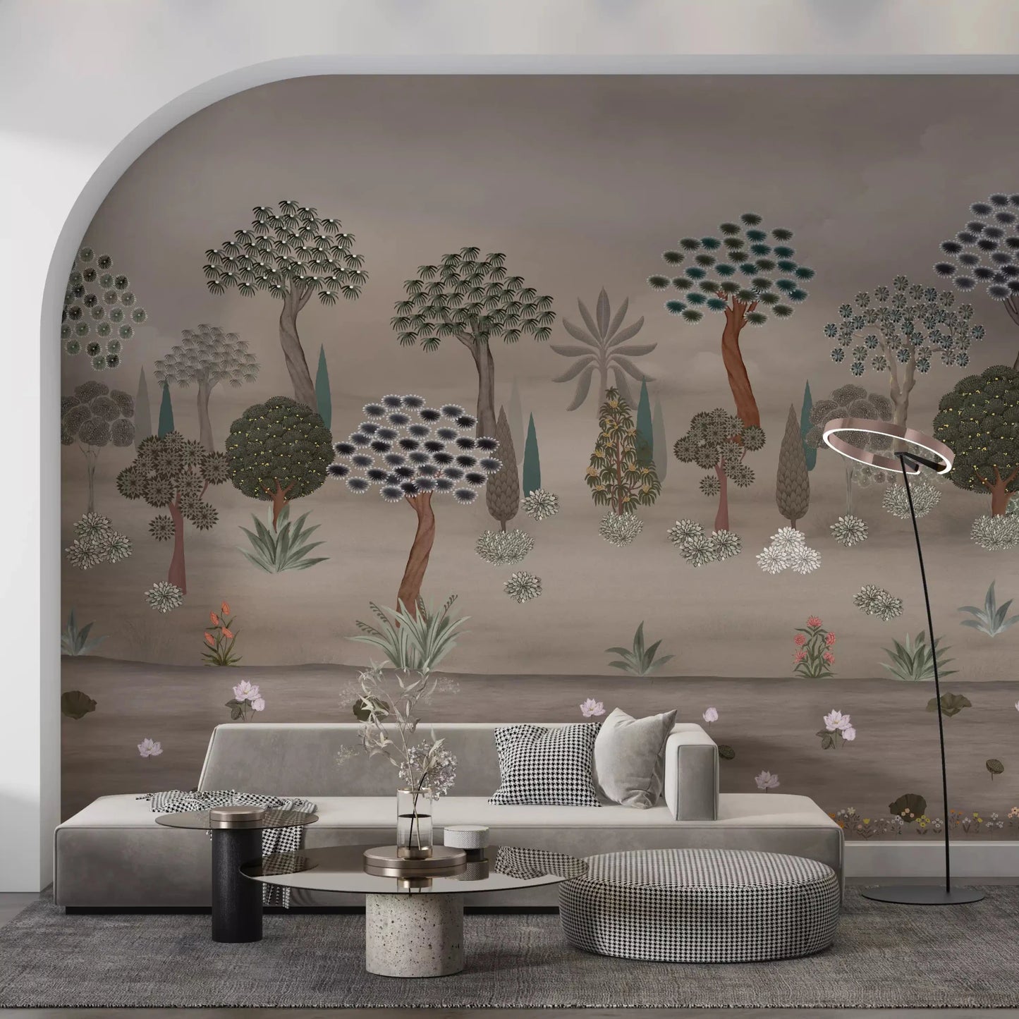 Dark-toned lounge styled with Subtle Eastern Garden Wall Mural across the feature 