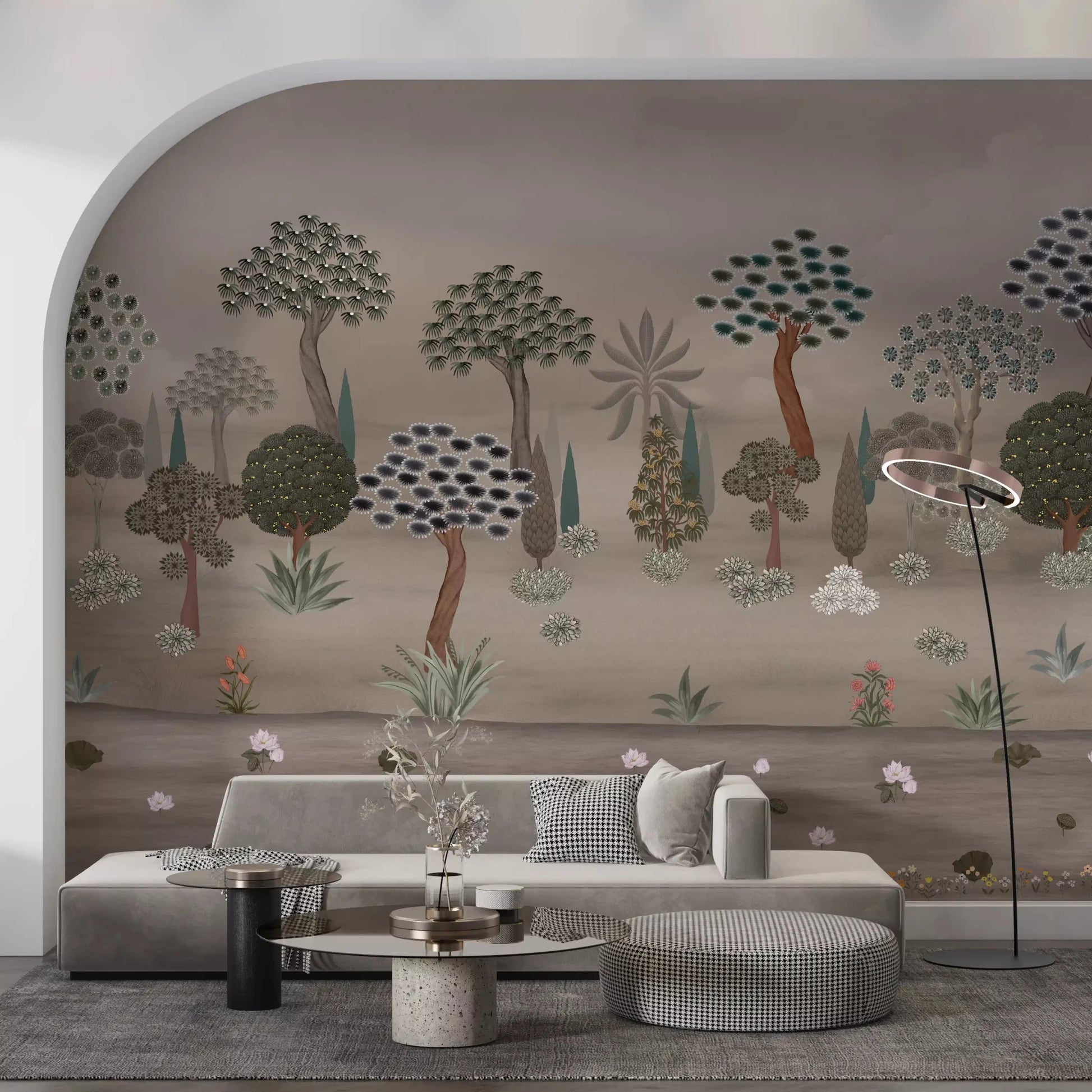 Dark-toned lounge styled with Subtle Eastern Garden Wall Mural across the feature 