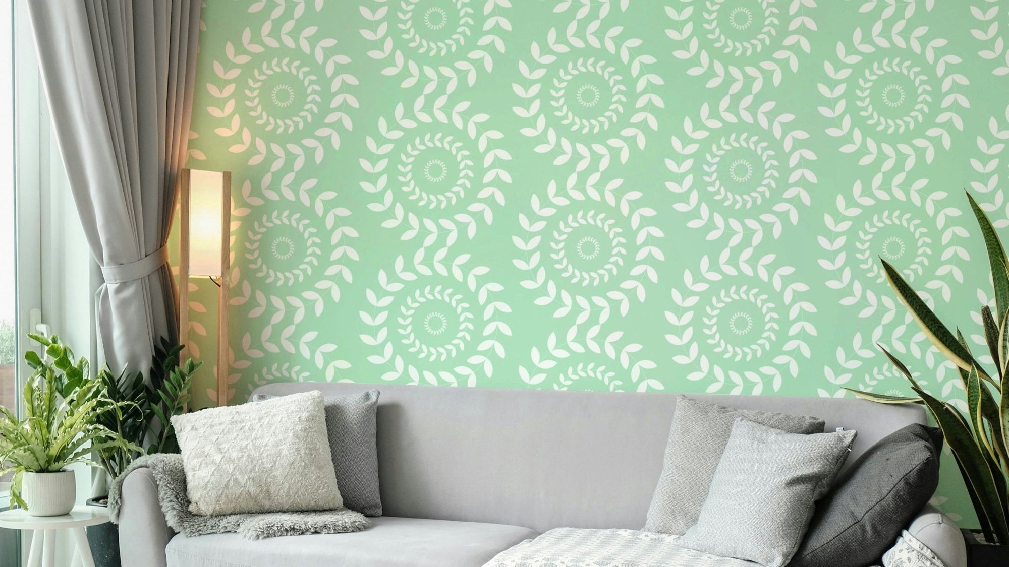 The botanical elements are a soft sage green., GD4404