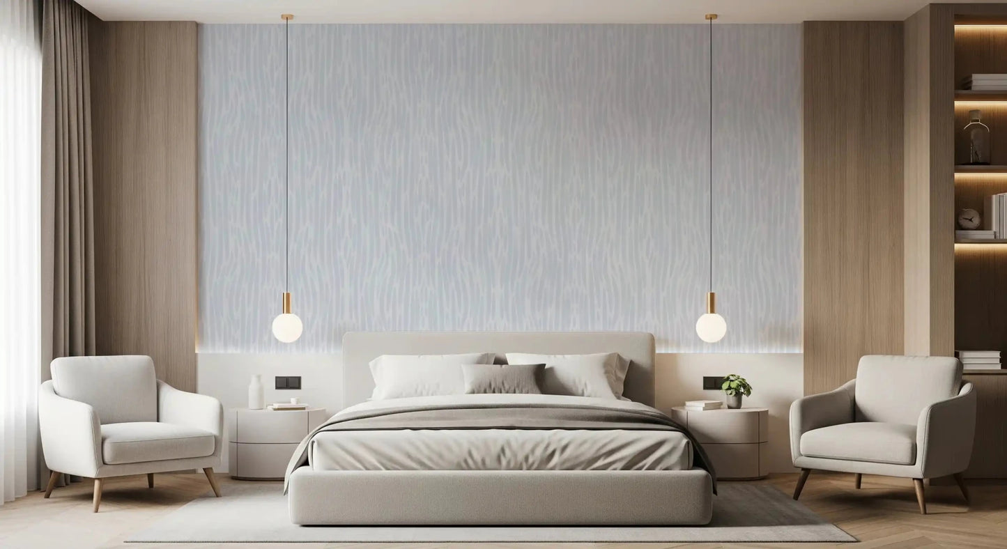 Bedroom with Modern Abstract Watercolor Strokes wallpaper behind a low platform bed and white linen bedding GD9522