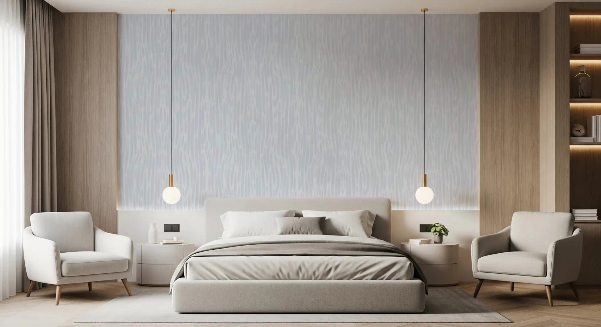 Bedroom with Modern Abstract Watercolor Strokes wallpaper behind a low platform bed and white linen bedding GD9522