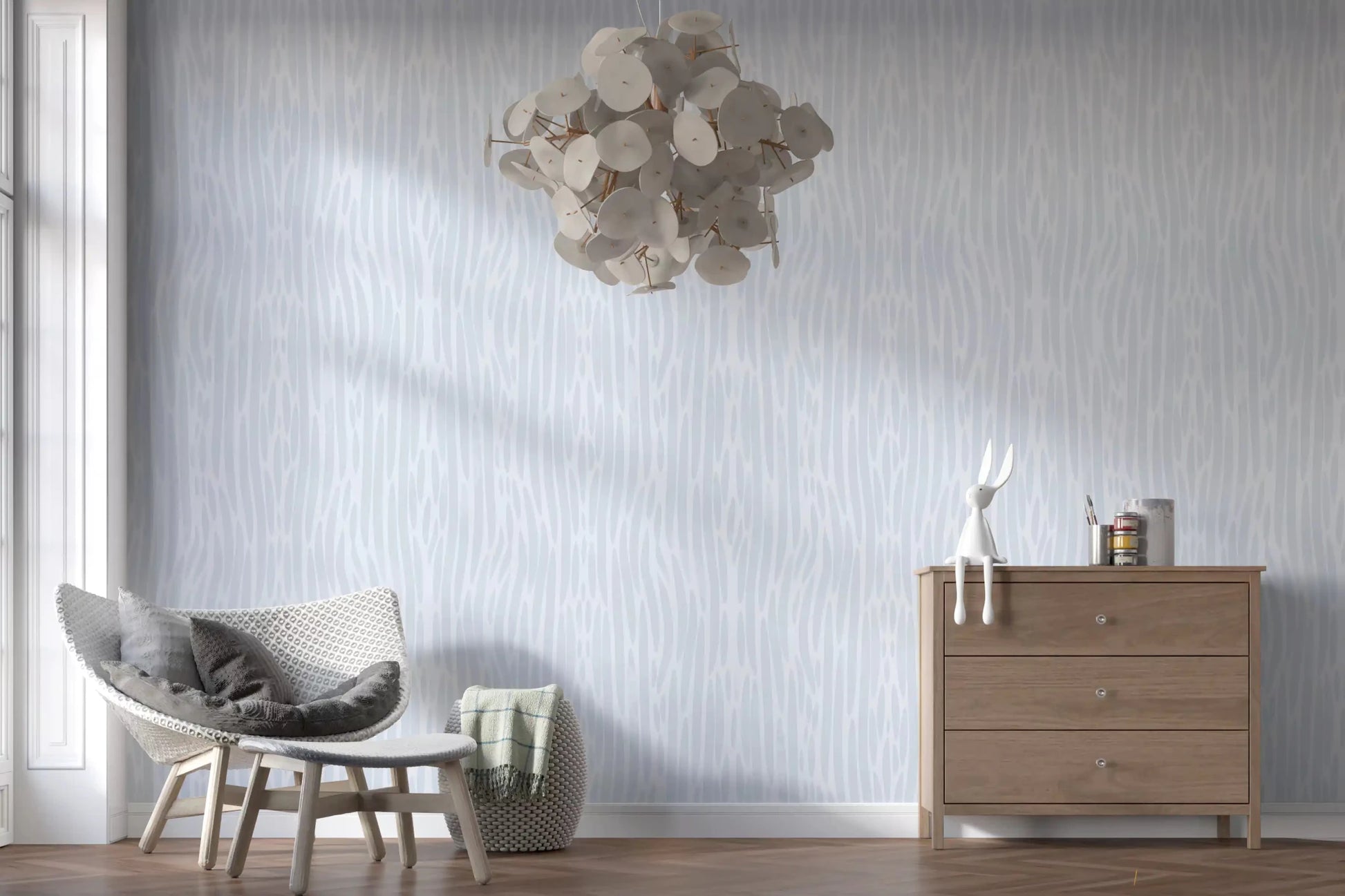 Reading nook with a cream linen armchair and brass floor lamp set against Modern Abstract Watercolor Strokes wallpaper GD9522