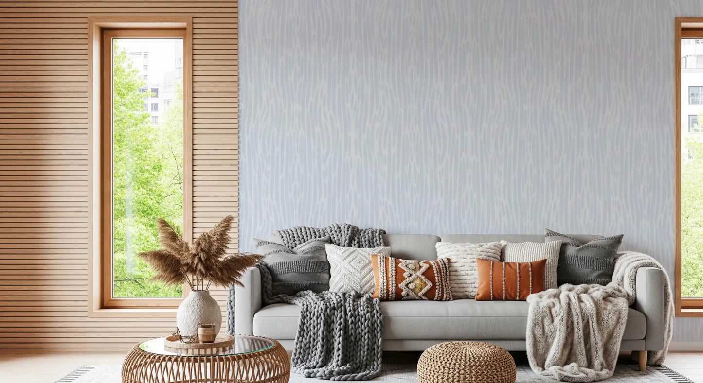 Home office with Modern Abstract Watercolor Strokes wallpaper behind a minimalist wooden desk and brass lamp GD9522