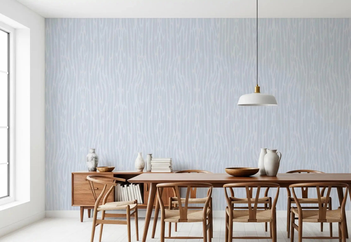 Pale grey strokes wallpaper in a dining room with sheer curtains and natural light through tall windows⁠GD9522