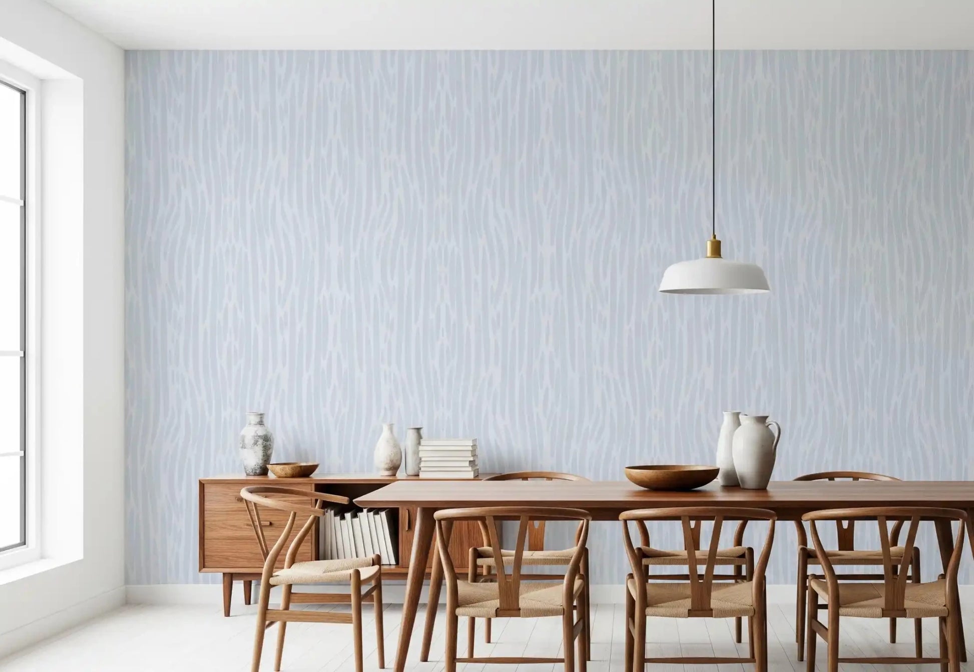 Pale grey strokes wallpaper in a dining room with sheer curtains and natural light through tall windows⁠GD9522