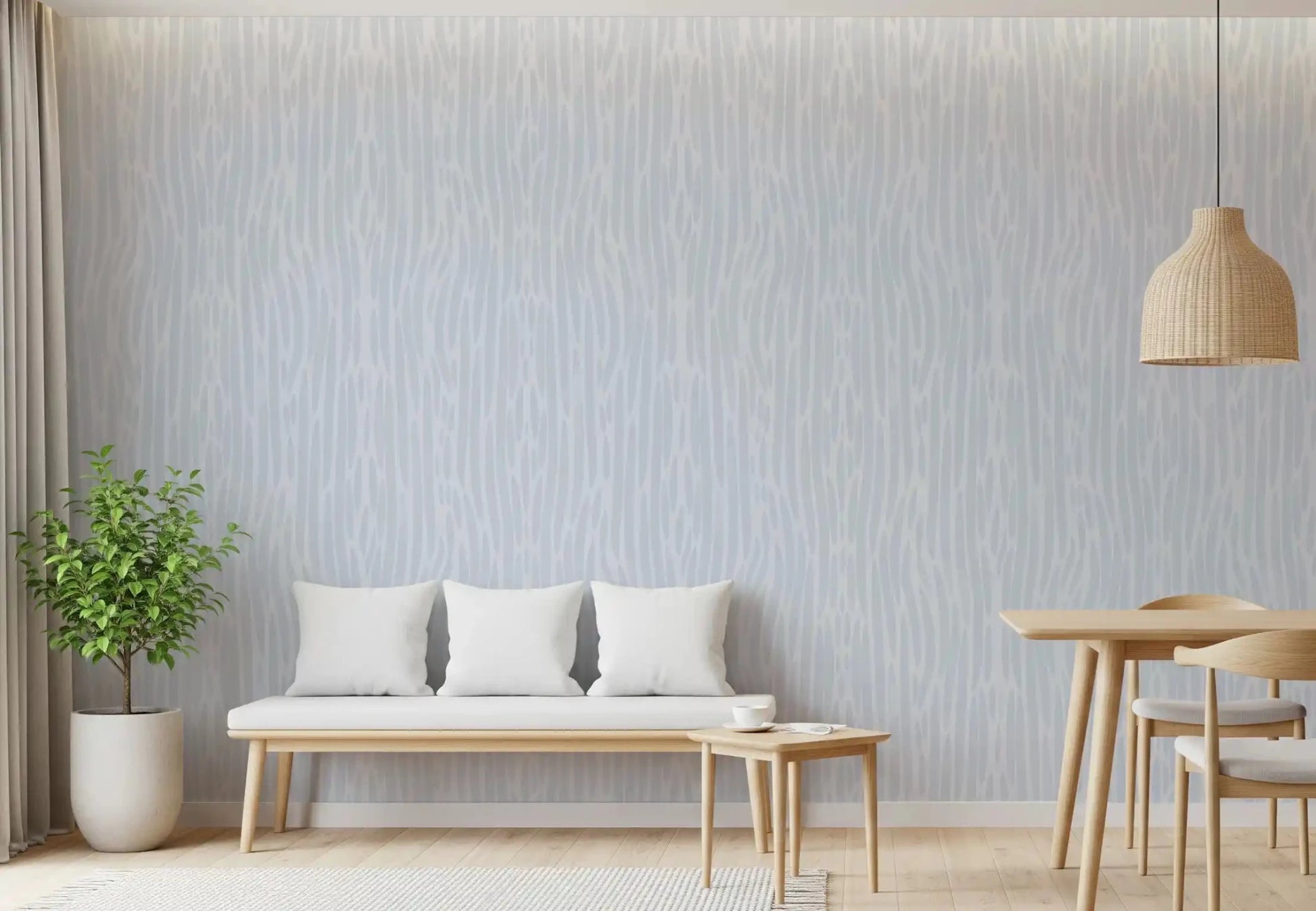 Dining room feature wall in pale grey watercolor strokes wallpaper with a wooden table and rattan chairs ⁠GD9522