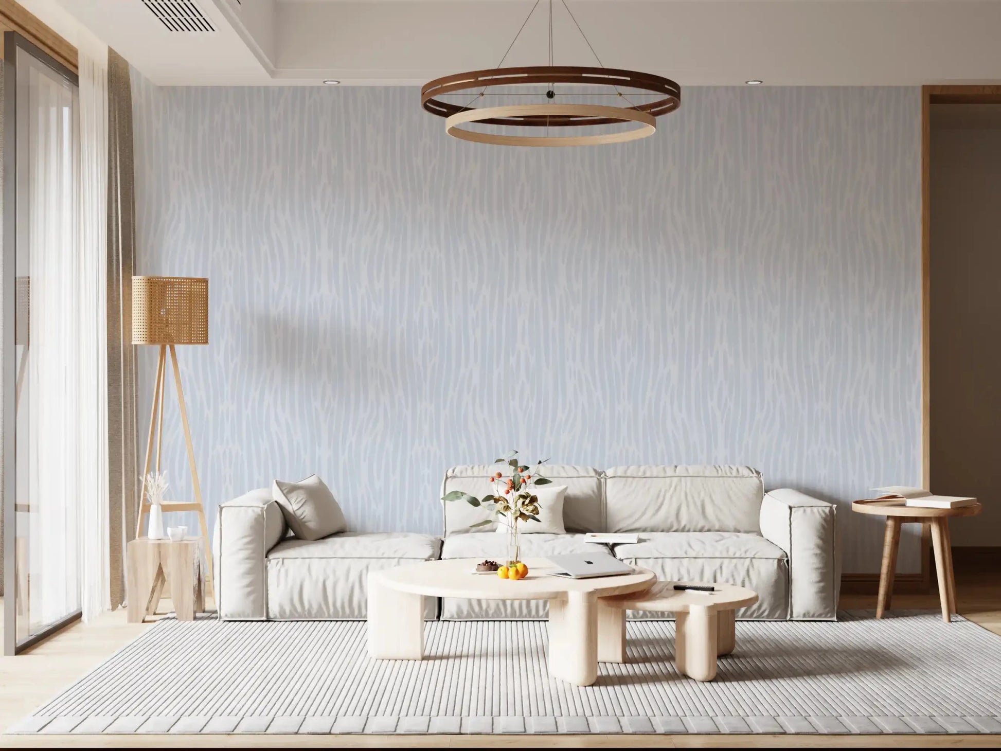 Watercolor strokes wallpaper as a feature wall behind a soft white sofa in a Scandinavian living room ⁠GD9522