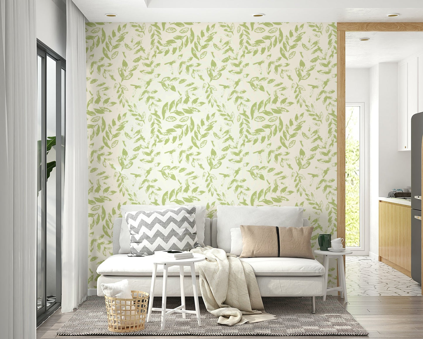 A wider shot of the subtle green print in a sunlit space., GD4398