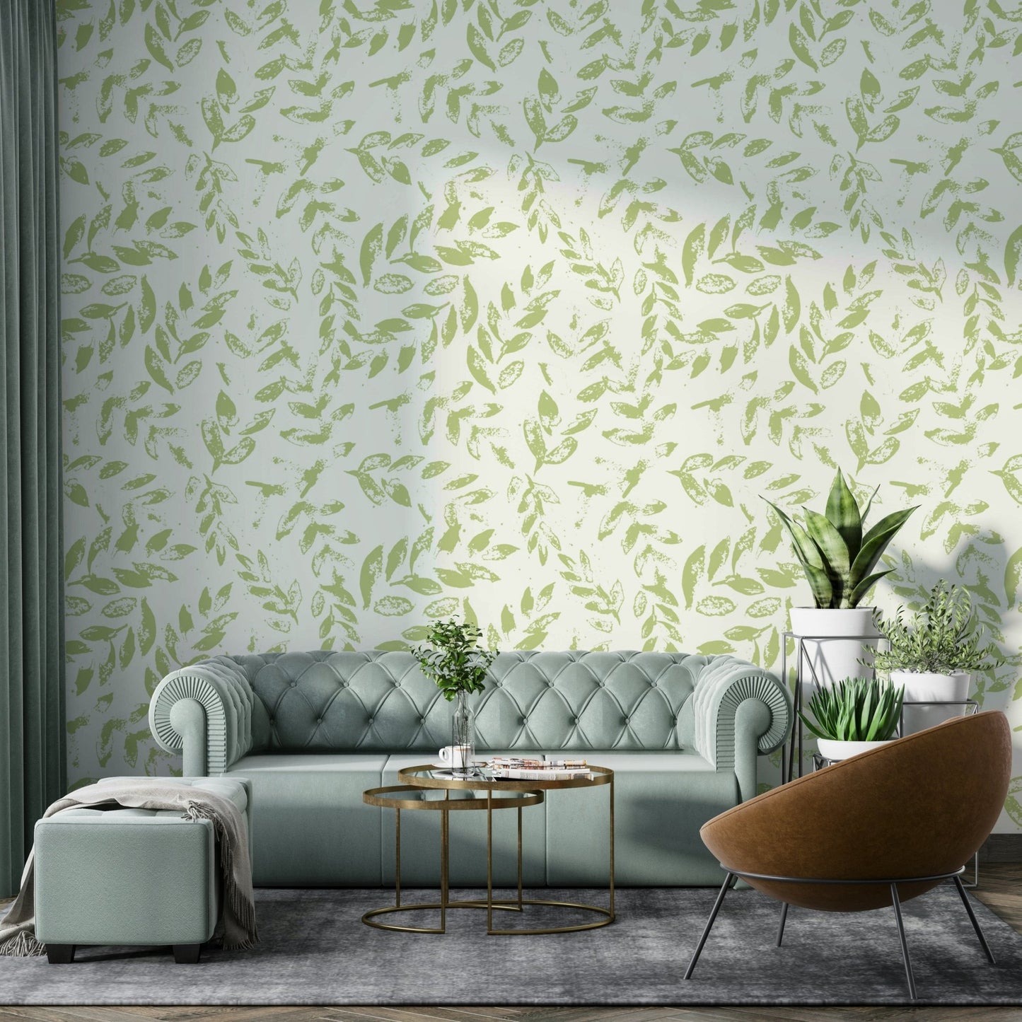 A bedroom wall covered in a subtle green printed leaves wallpaper., GD4398