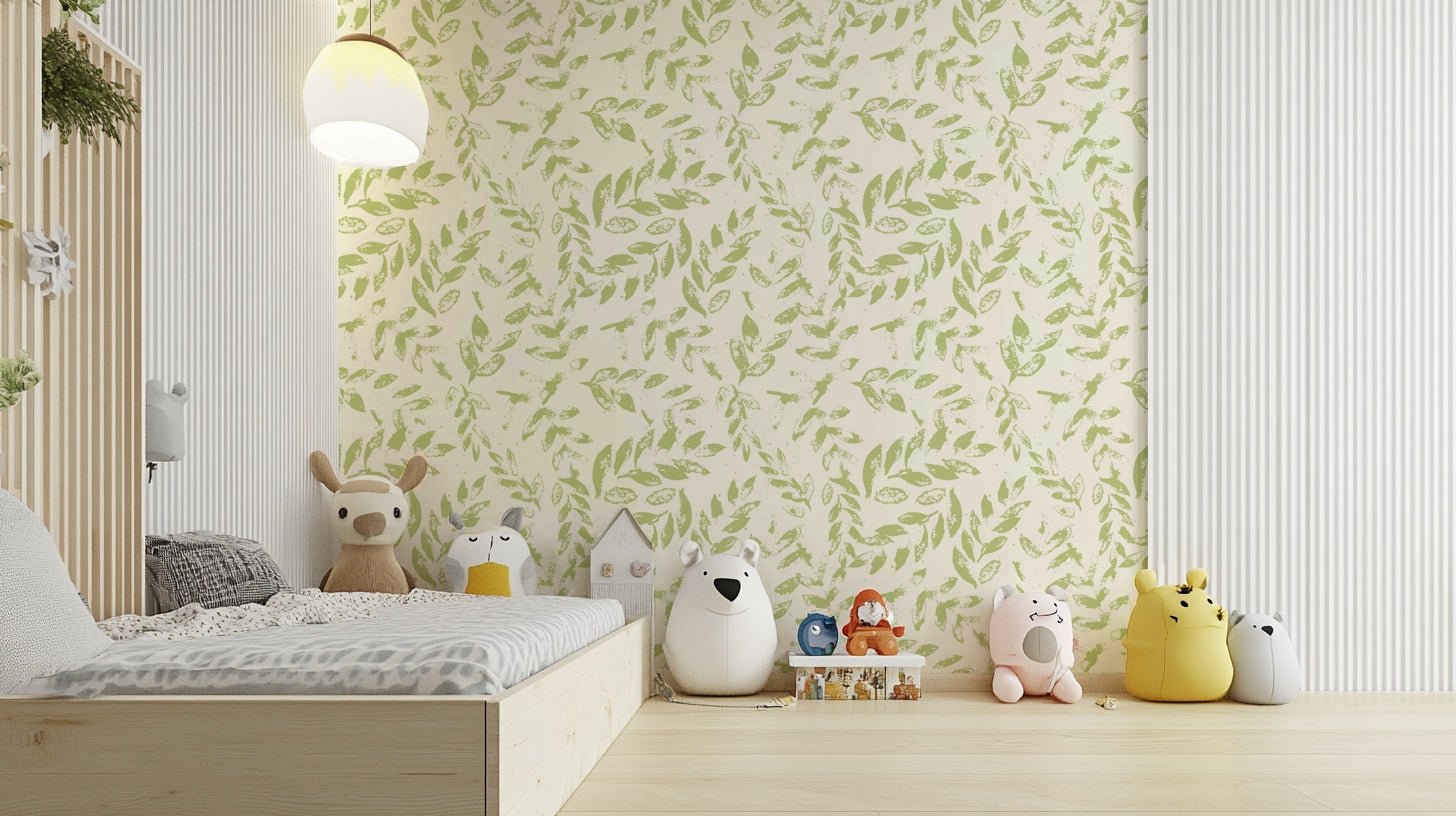 A close-up of a subtle green leaf pattern on a light-colored wallpaper., GD4398
