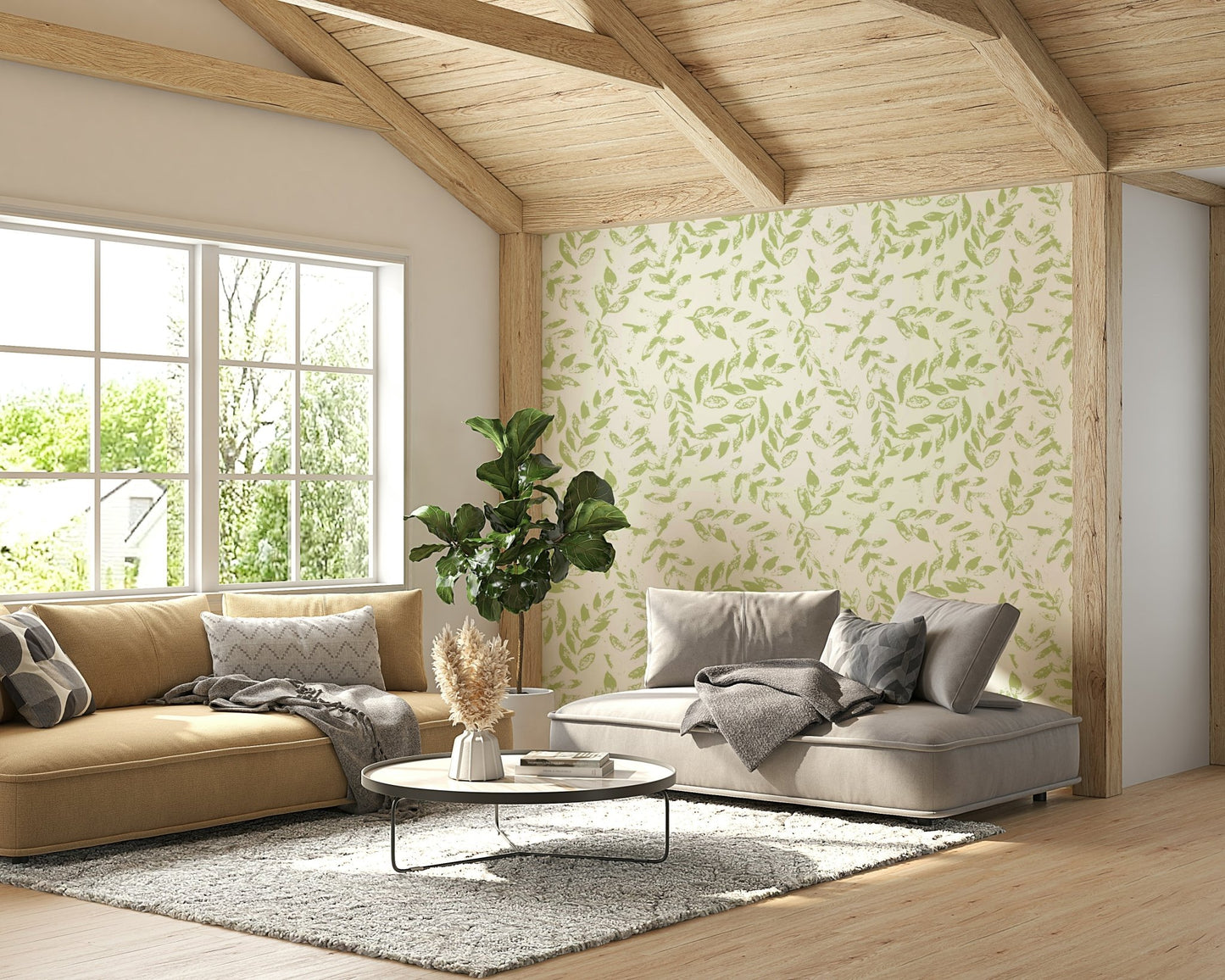 The green leaves wallpaper applied to a wall behind a bed., GD4398