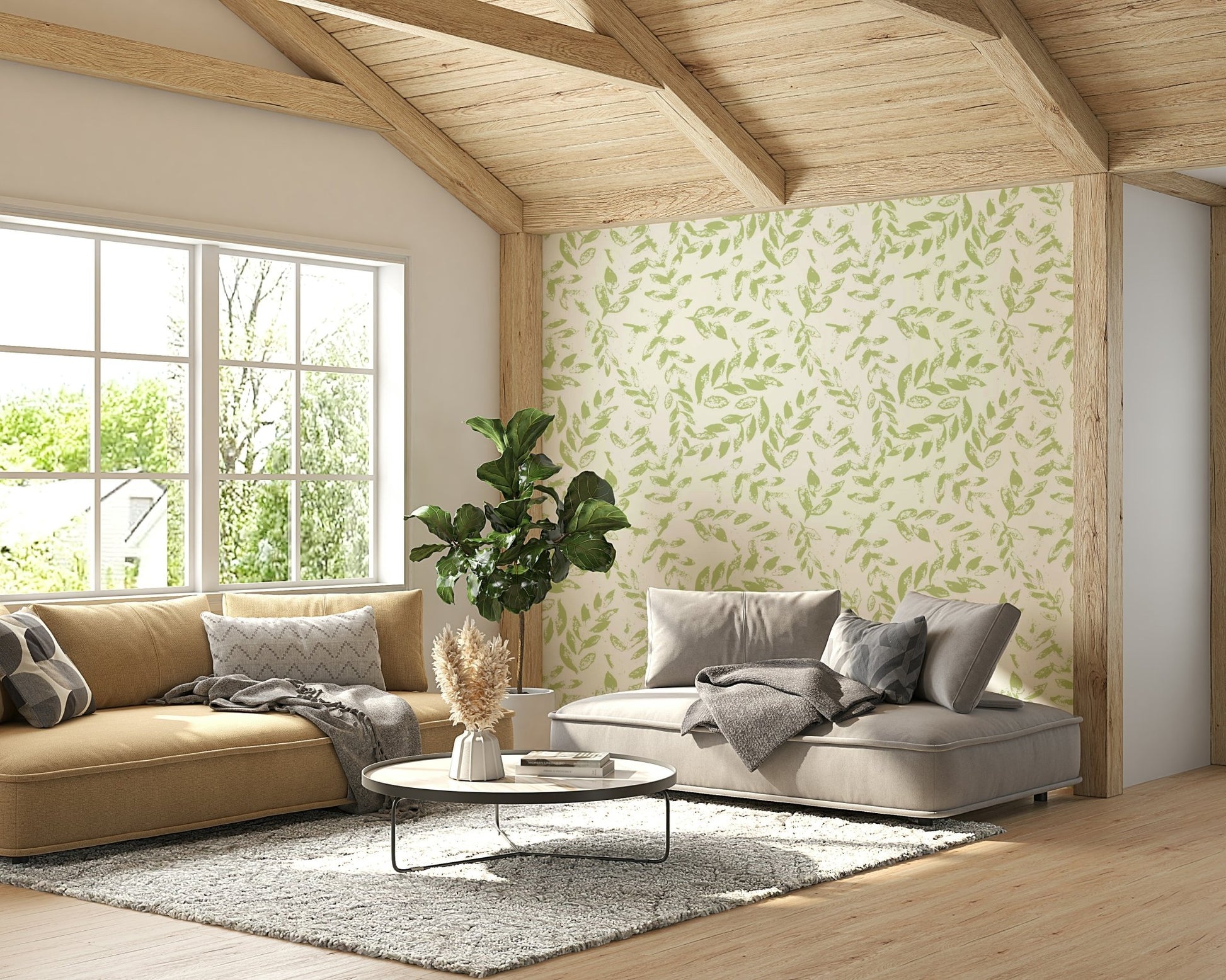 The green leaves wallpaper applied to a wall behind a bed., GD4398
