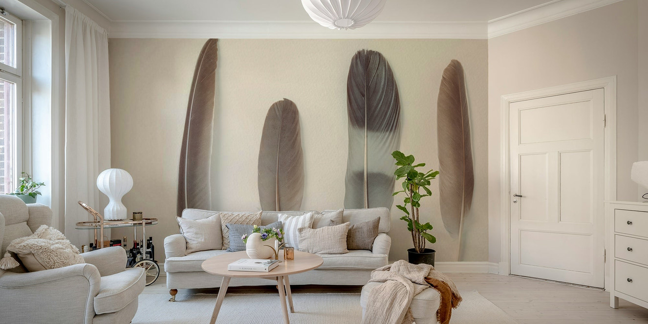 A wall mural of a peaceful feather arrangement.

