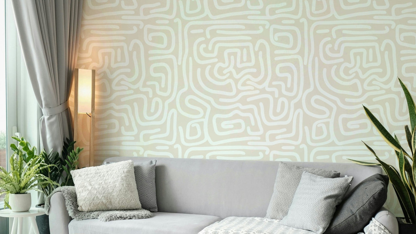 The background of the wallpaper is a soft, light grey.
