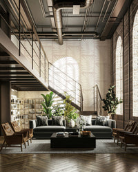 A peaceful wall mural with a soft tropical scene.

