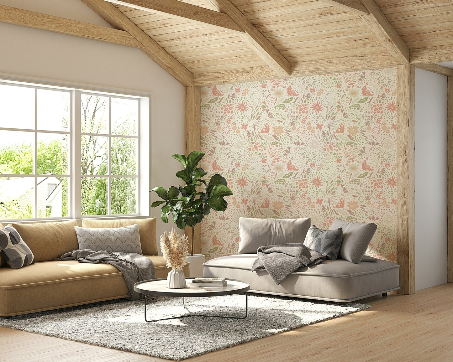 Subtle Pink Meadow Wallpaper shown in a nursery setting.
