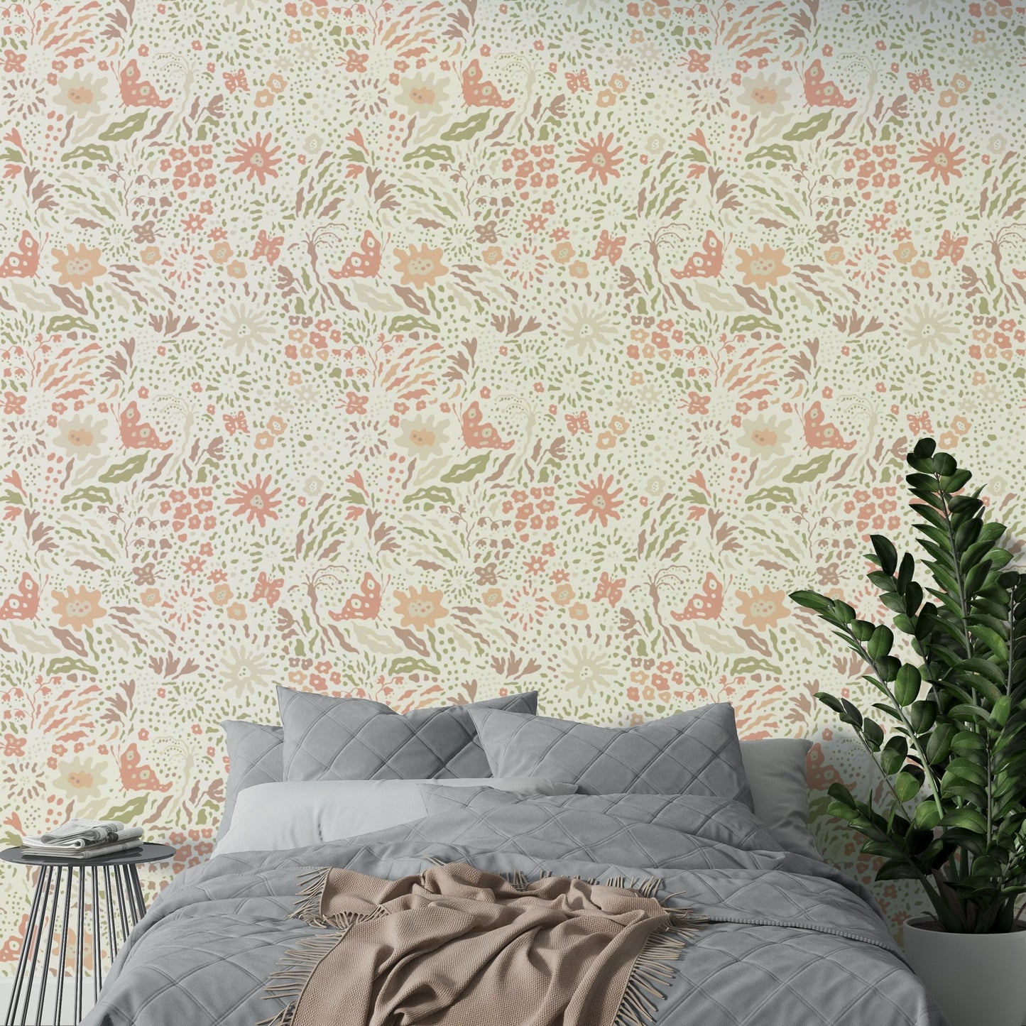 The background of the wallpaper is a solid, warm white.
