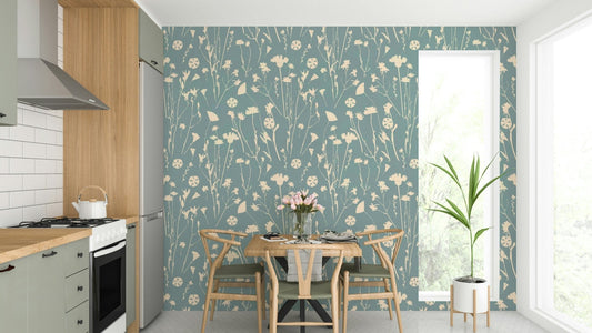 Subtle print wallpaper on a living room wall

