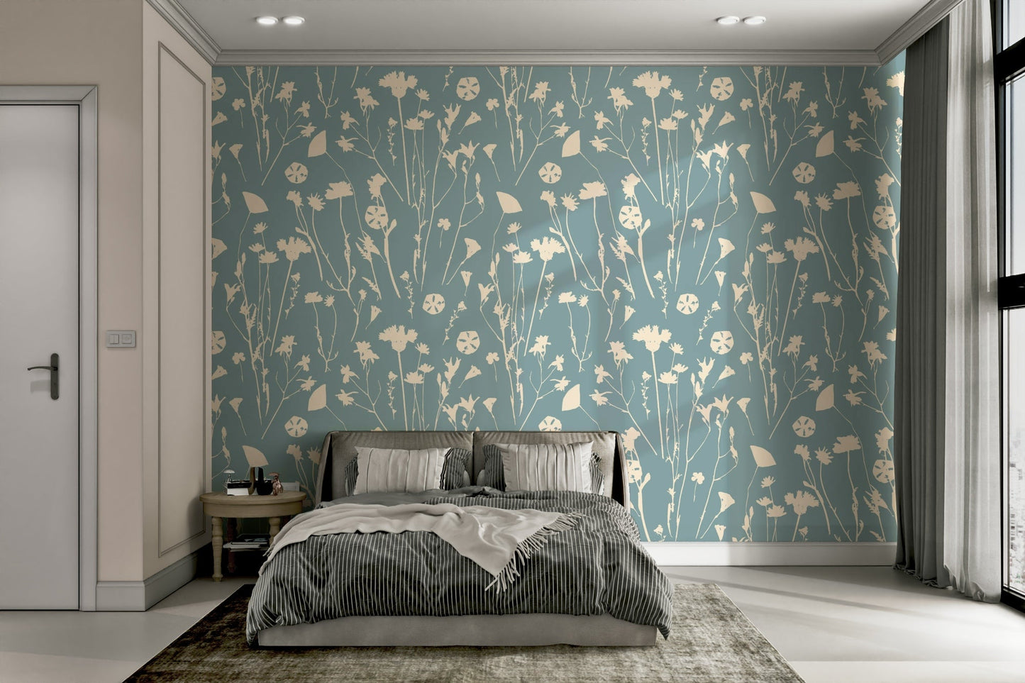 A bedroom decorated with a subtle mural

