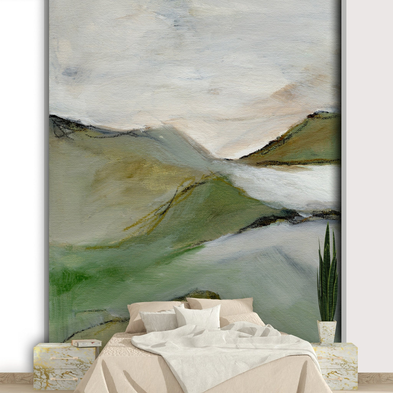 Subtle Serenity Landscape wall mural on living room wall

