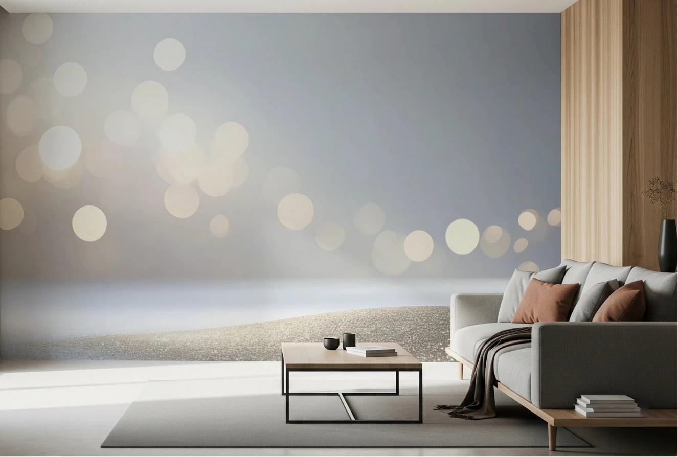 Living room with Subtle Sparkle Wall Mural behind a sofa and low coffee table