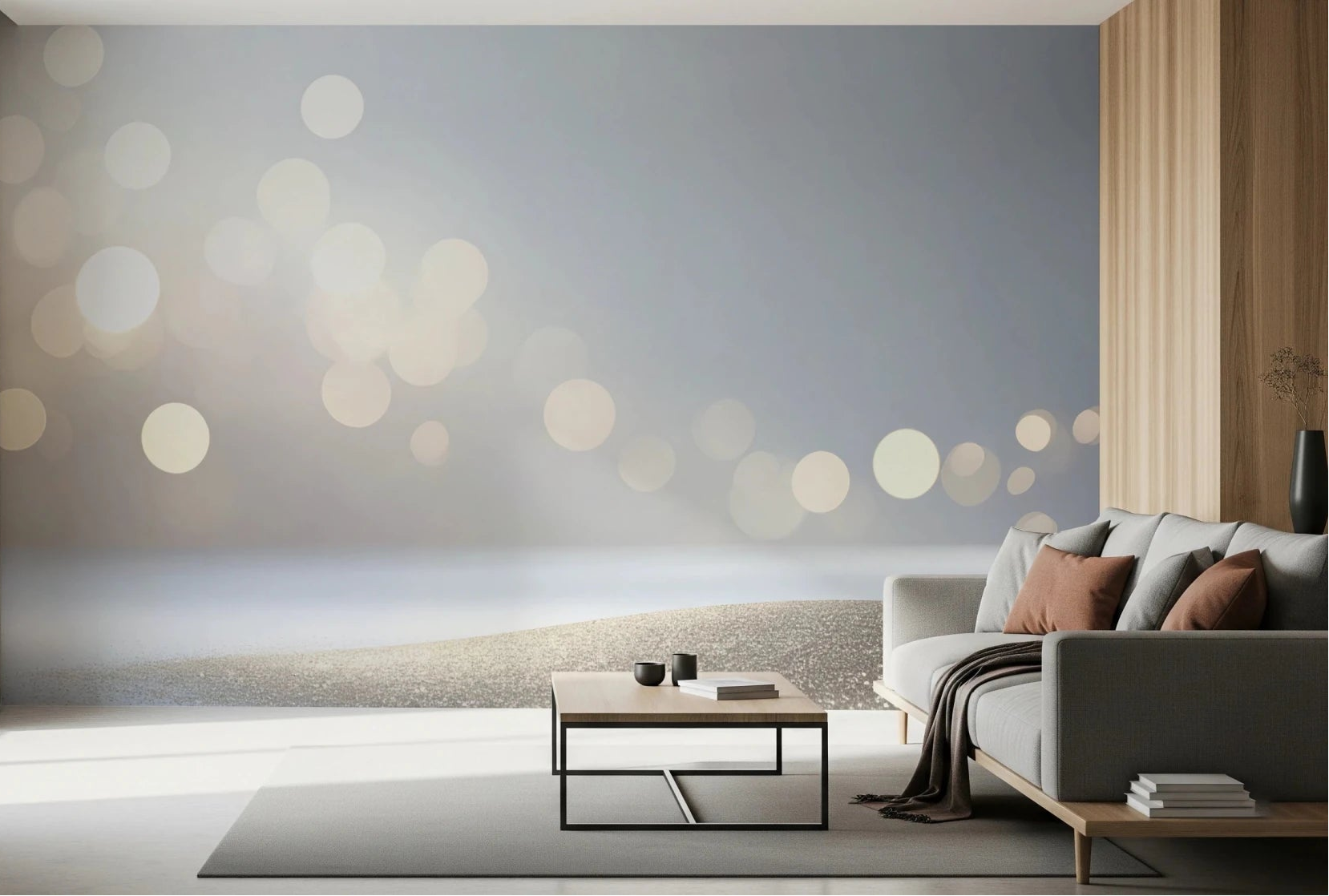 Living room with Subtle Sparkle Wall Mural behind a sofa and low coffee table, GD8859