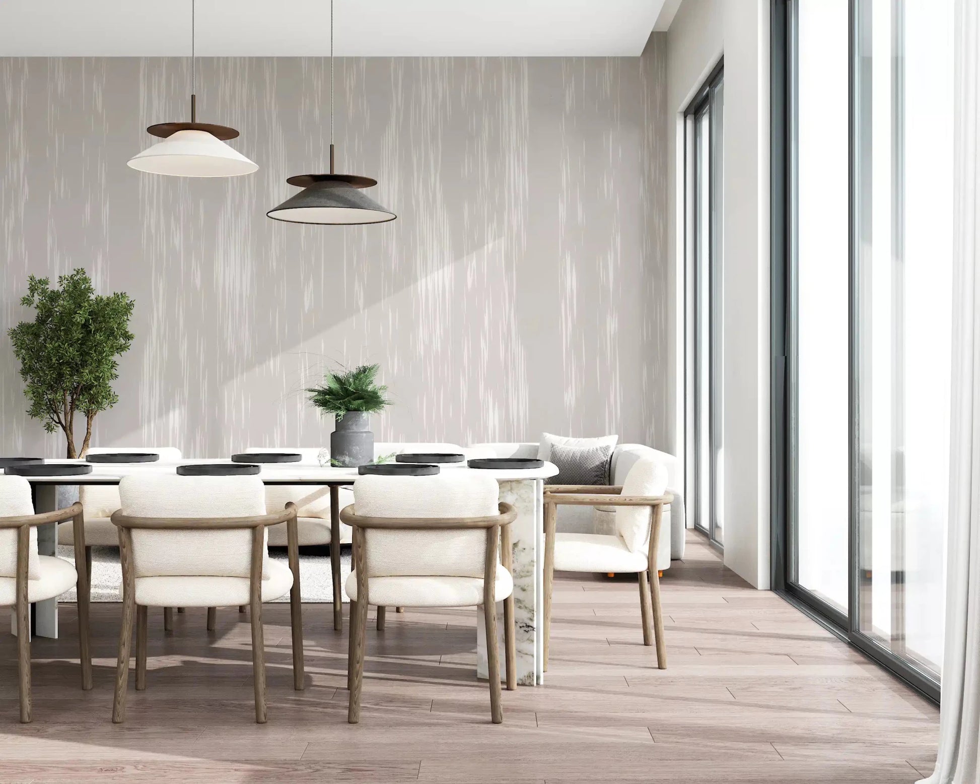 A modern dining room gains hushed warmth from this abstract streaks wall mural.GD9597