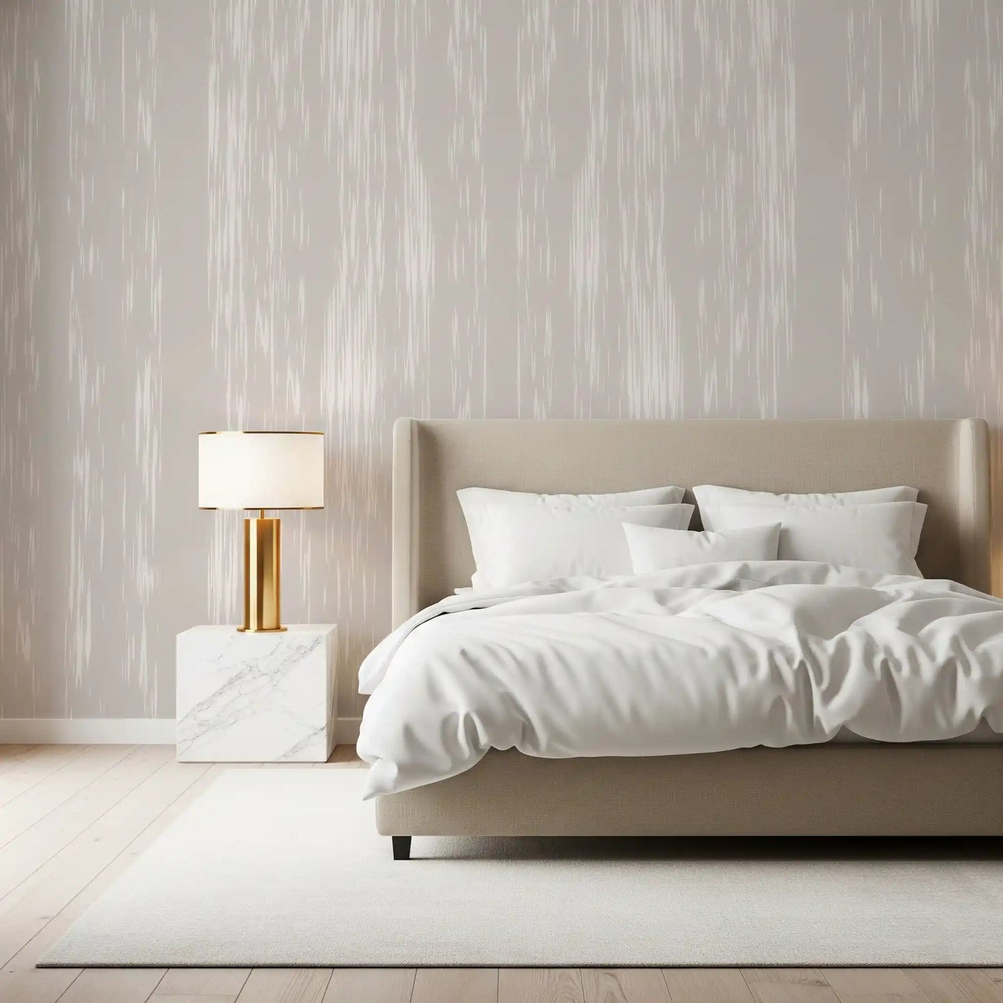 Bedroom calm deepens against the vertical streaks wall mural texture.GD9597