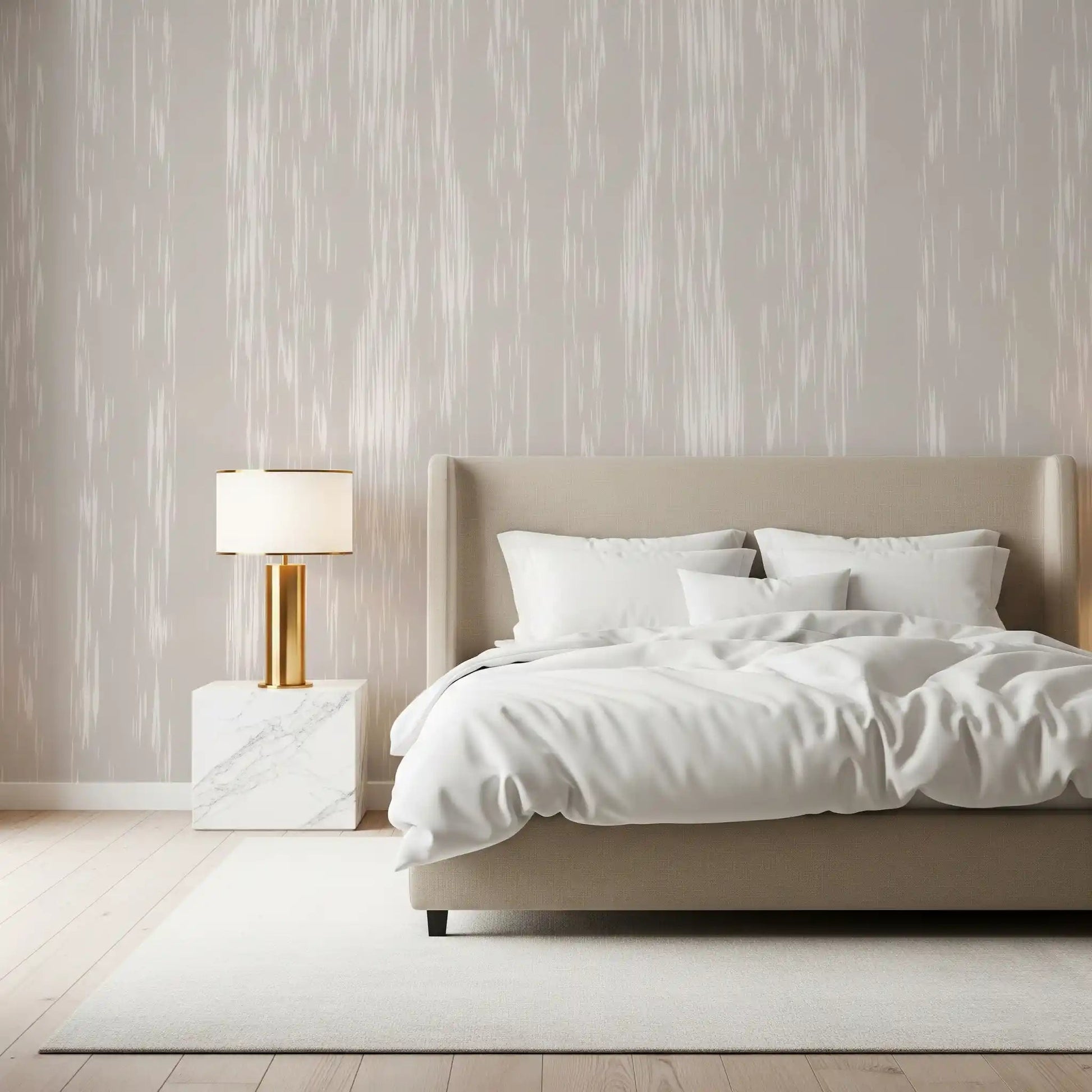 Bedroom calm deepens against the vertical streaks wall mural texture.GD9597
