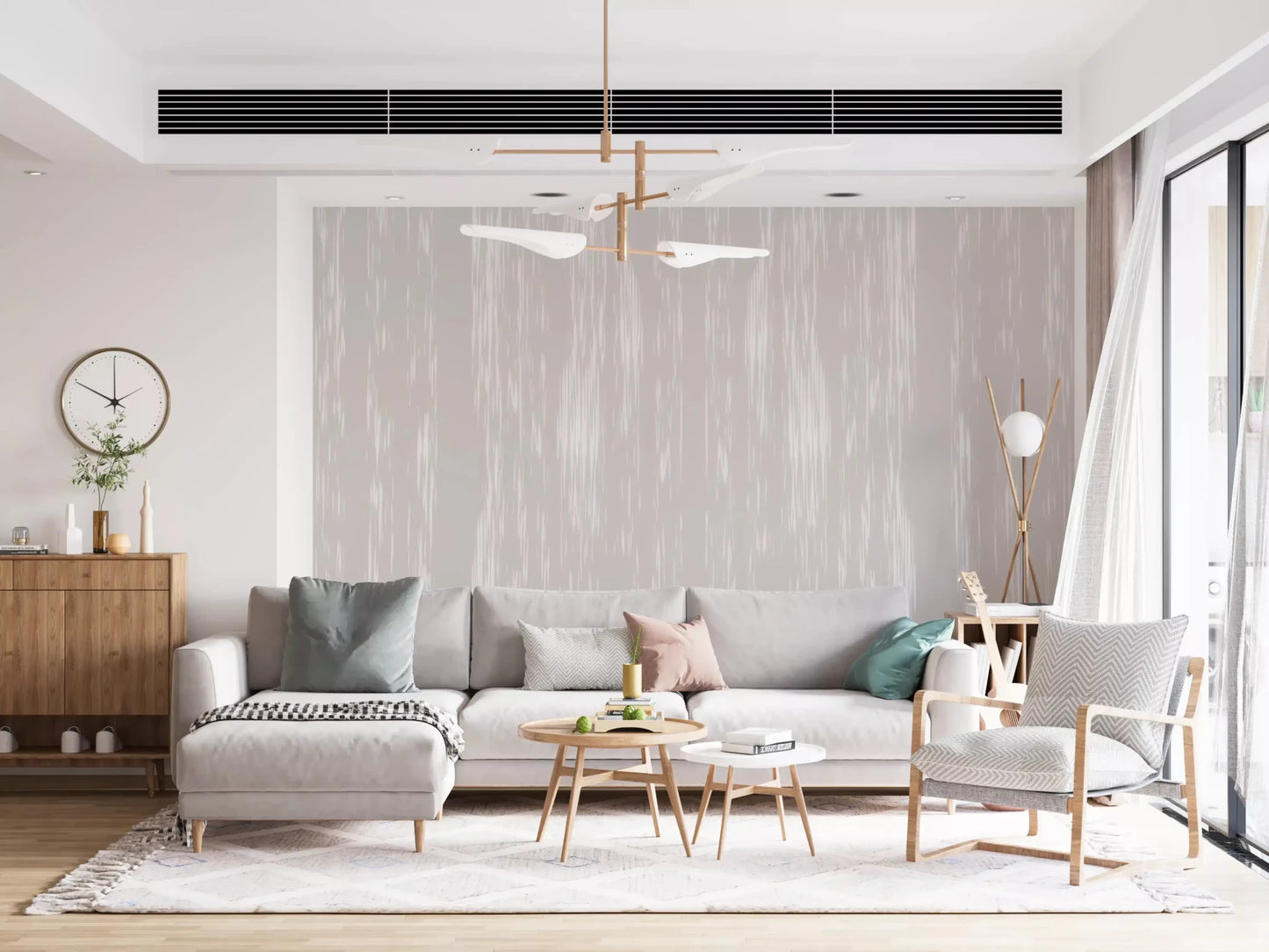 Painterly streaks build a quiet sense of motion across the neutral wall mural.GD9597